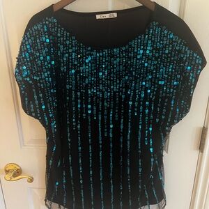 Dex Black Top with Teal Blue Sequins. NWOT.